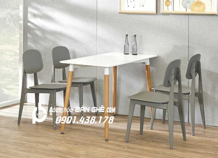 Bộ bàn ăn chữ nhật 1m2 màu trắng 4 ghế nhựa đúc màu xám 136