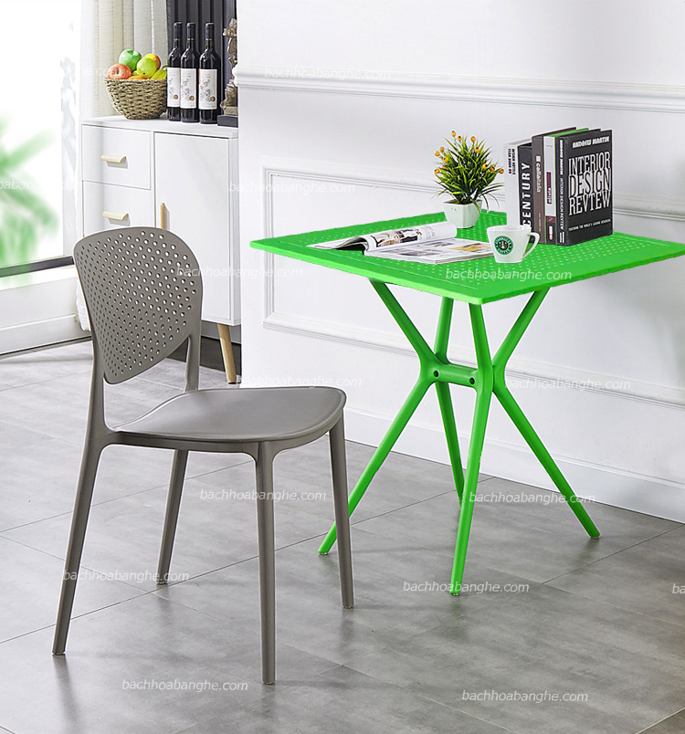 Bộ bàn ghế cafe nhựa đúc bàn vuông màu xanh lá