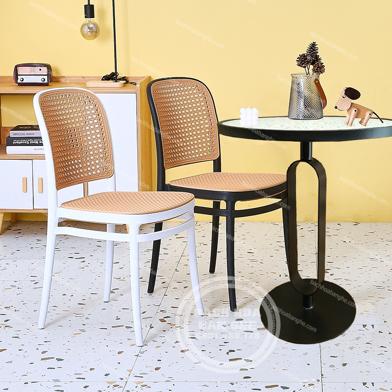 Bộ bàn ghế cafe decor trà sữa tiếp khách ghế mây nhựa