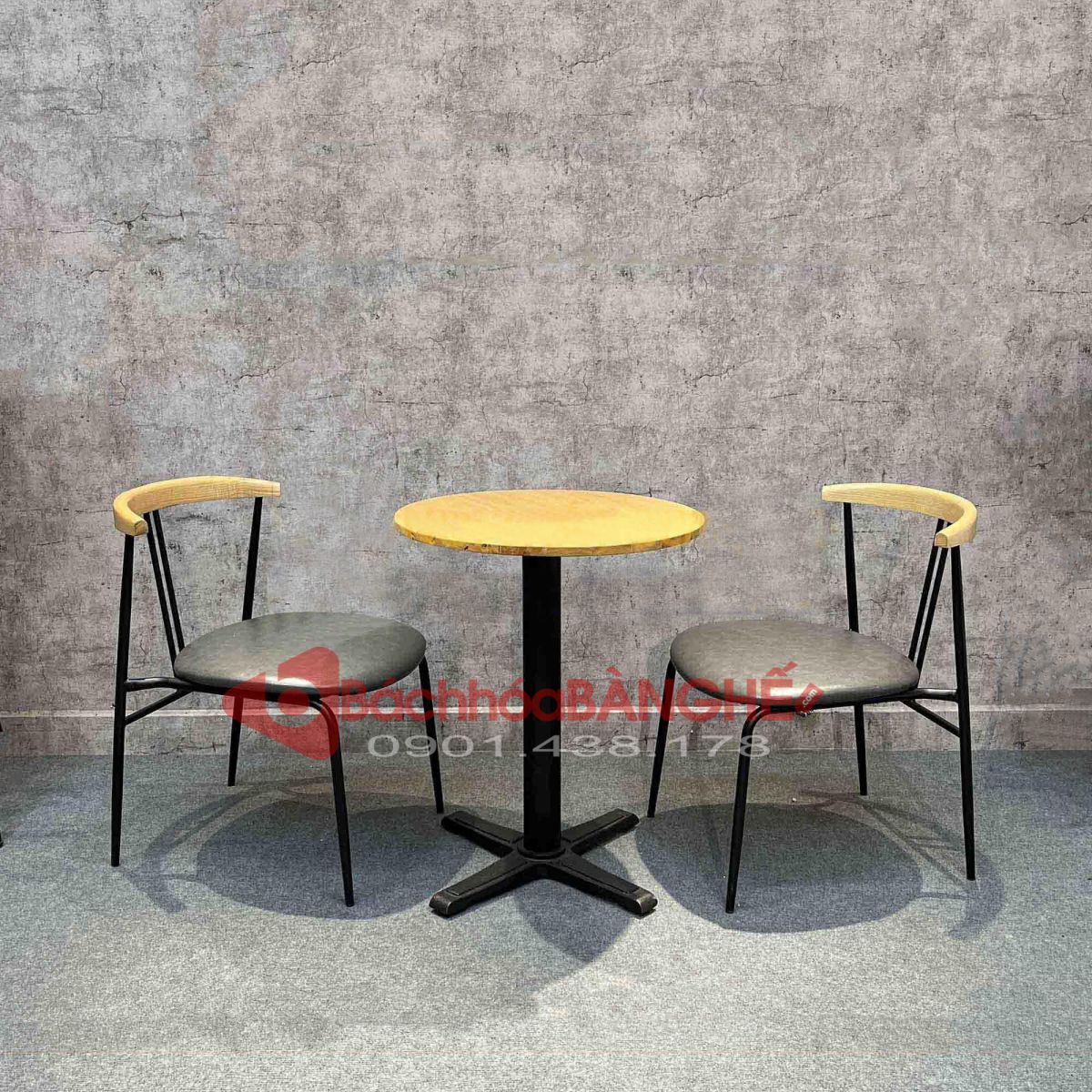 Bộ bàn ghế quán cafe trà sữa nhà hàng ghế mặt gỗ chân sắt 244
