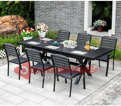 Bộ bàn ăn sân vườn ngoài trời bàn rút 1m8 2m4 khung nhôm gỗ nhựa màu đen 270