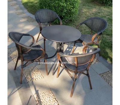 Bộ bàn tròn cafe sân vườn ngoài trời nhôm đúc ghế lưới textilen BAS28
